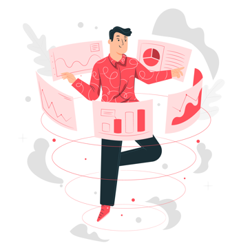 En person befinner sig mitt i en virvelvind omringad av diagram (konceptbild, en illustration)